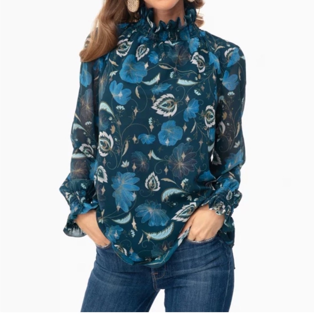 Tuckernuck Sadie Floral Blouse in Blue and Gold S